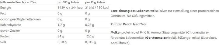 Valori nutrizionali e ingredienti ESN Isoclear Isolato di siero di latte (Tè freddo alla pesca, 1 pz., 600 g)