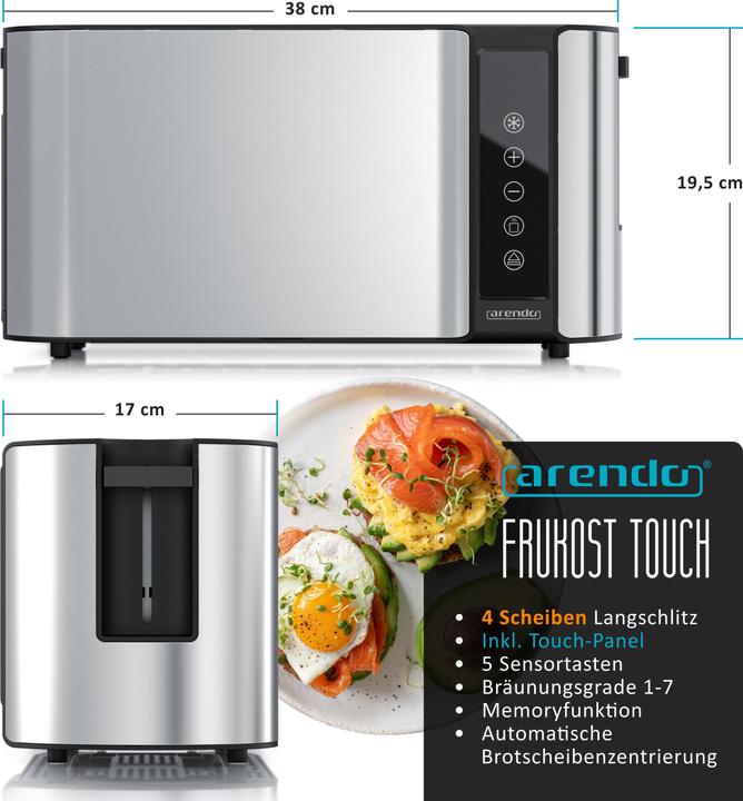 Produktbild Arendo Toaster Edelstahl 4 Scheiben Langschlitz, Touchpannel, Brötchenaufsatz, Display mit Restzeitanzeige