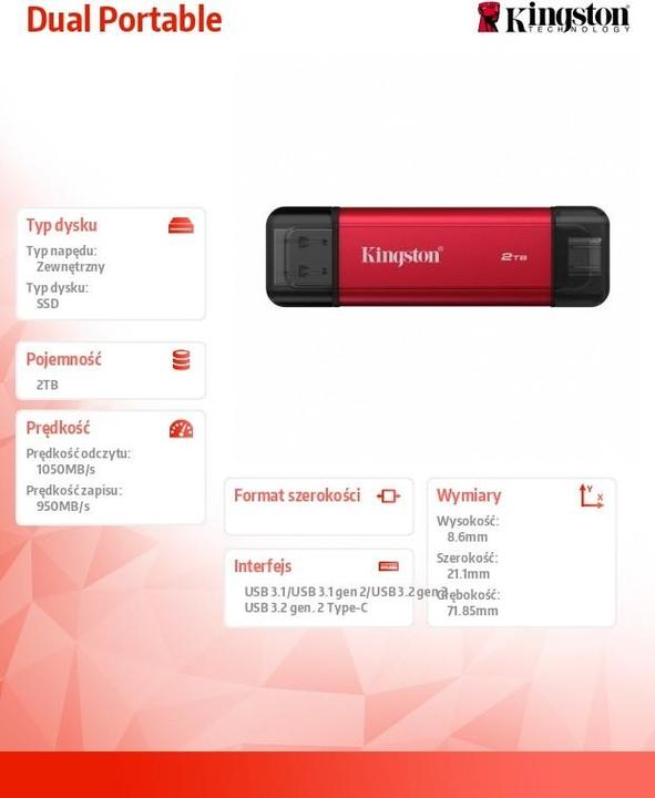 Productafbeelding Kingston 2TB Dual USB-A/C Portable SSD Up to 1050MB/s USB 3.2 Gen 2 (2 TB)