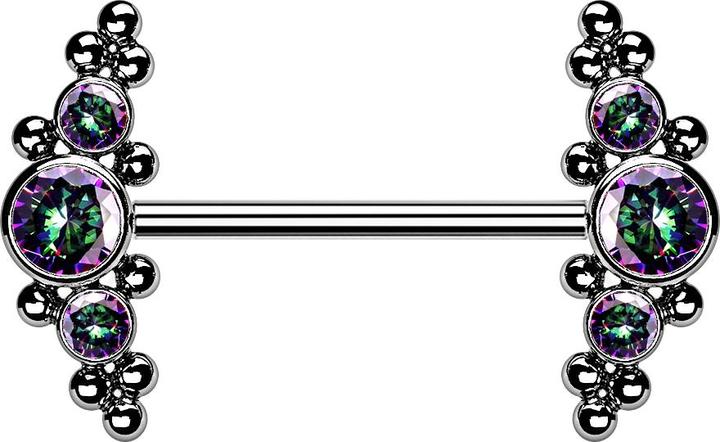 Actual product image Star Piercing Threadless Barbell silber front mittig mit Kugeln und drei Kristalle dunkel multicolor (without brass, Titanium)