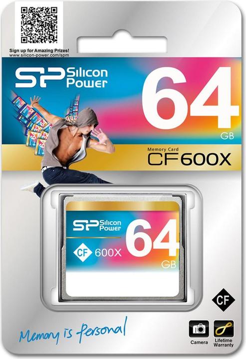 Actual product image Silicon Power 64GB 600x CF Read up to 90MB/s ATA interface PIO mode 6 MWDMA 4 UDMA 6 ECC function Re (64 GB, CF, U3, UHS-III)