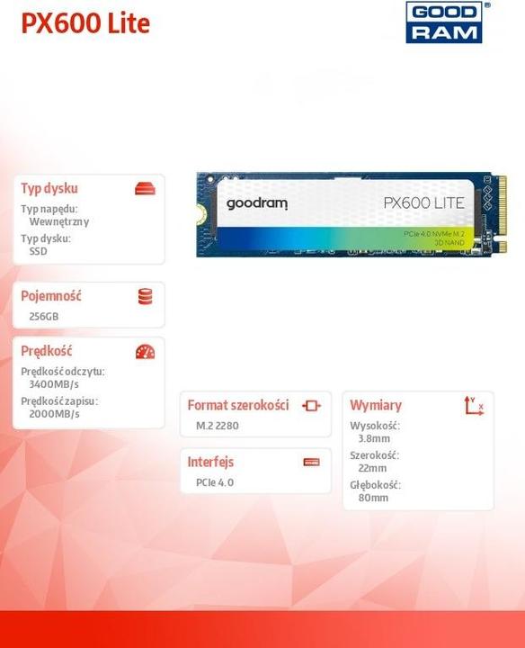 Image du produit Goodram SSD PX600 Lite 256GB M.2 Gen4x4 NVMe 2280 3400/2000MB/s (256 Go, M.2 2280)
