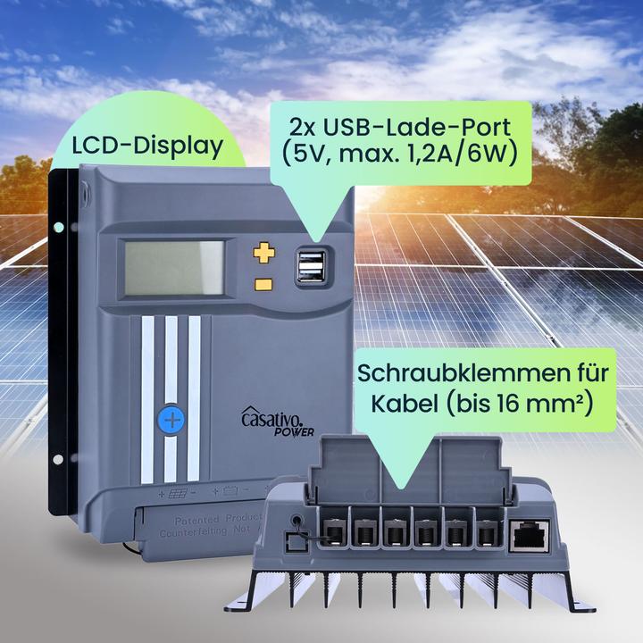 Image du produit Casativo Régulateur de charge solaire MPPT pour batteries 12 V & 24 V, jusqu'à 30 A, écran LCD, ports USB