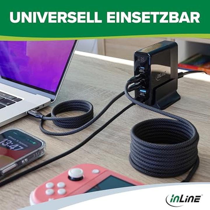 Actual product image InLine USB PD power supply, GaN charger, 5-port, USB-C + USB-A, 140W, with display, black (140 W)