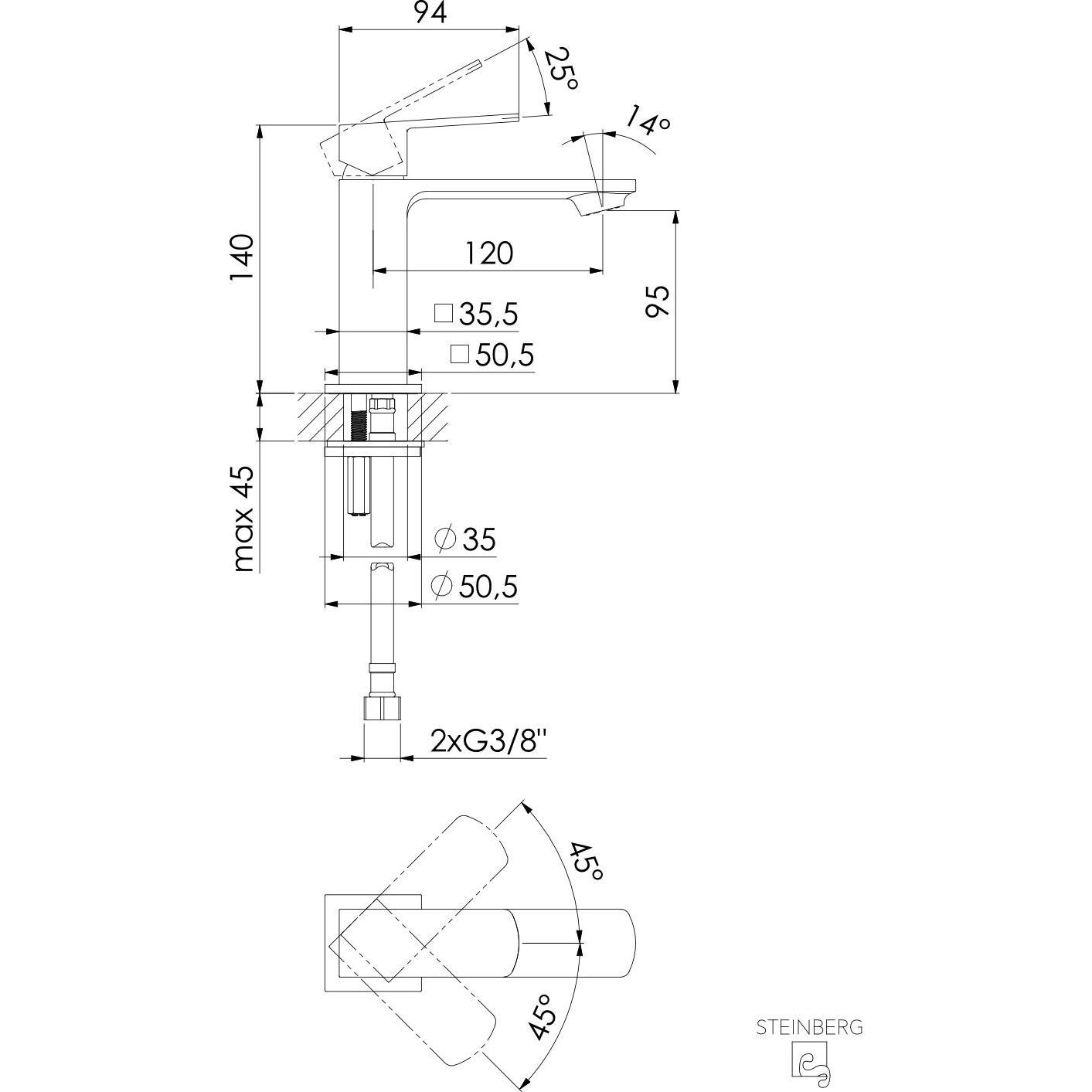 Steinberg, Badarmatur, Serie 342 Waschtischmischer, ohne Ablaufgarnitur, Ausladung 120mm