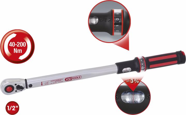 Produktbild KS Tools 1/2 ERGOTORQUE40-200 Rot, Ratschen-Drehmomentschl. (1/2", 40 - 200 Nm)