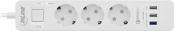 Produktbild InLine Steckdosenleiste 3-fach Schutzkontakt mit Ueberspannungsschutz und USB QuickCharge Schalter 1,5m... (3x, USB-A, 1.50 m)