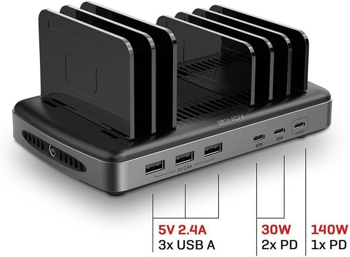 Produktbild Lindy 160W 6 Port USB-Ladestation Zum gleichzeitigen Laden von bis zu 6 Smartphones, Tablets und/oder eine (160 W, 6 Ports)