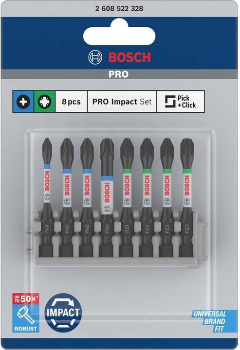 Actual product image Bosch Professional Zubehör PRO Impact mixed set, PH1, PH2(x2), PH3, PZ1, PZ2(x2), PZ3, 55 mm, 8 pcs. (PH2, PH3, PZ2, PH1, PZ3)
