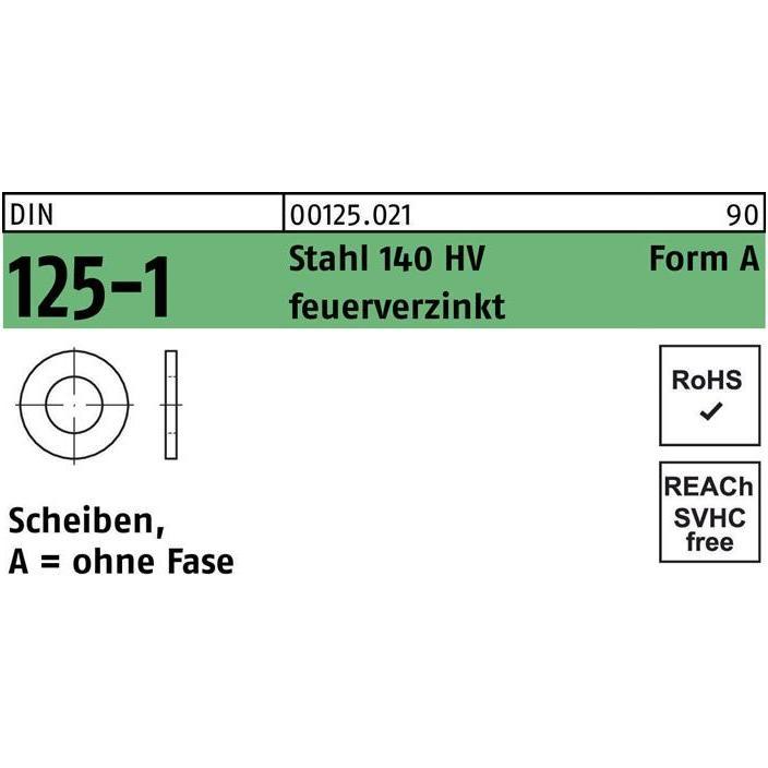 Zubehör Befestigungstechnik, Unterlegscheibe DIN 125-1 Form A 19 x34 x3 Stahl 140 HV feuerverzinkt