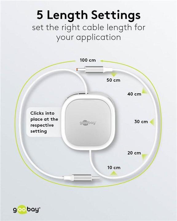 Image du produit Goobay Selbstaufrollendes USB-C-Kabel, 1 m, weisssilber (1 m, USB 2.0, 15 W)