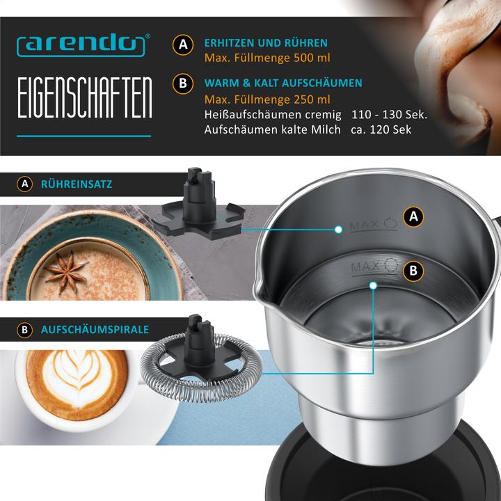 Produktbild Arendo Milchaufschäumer 3in1 Induktion, warm & kalt Schaum, 400 ml, Edelstahl, Latte Art, Milk, 500 W (500 ml)