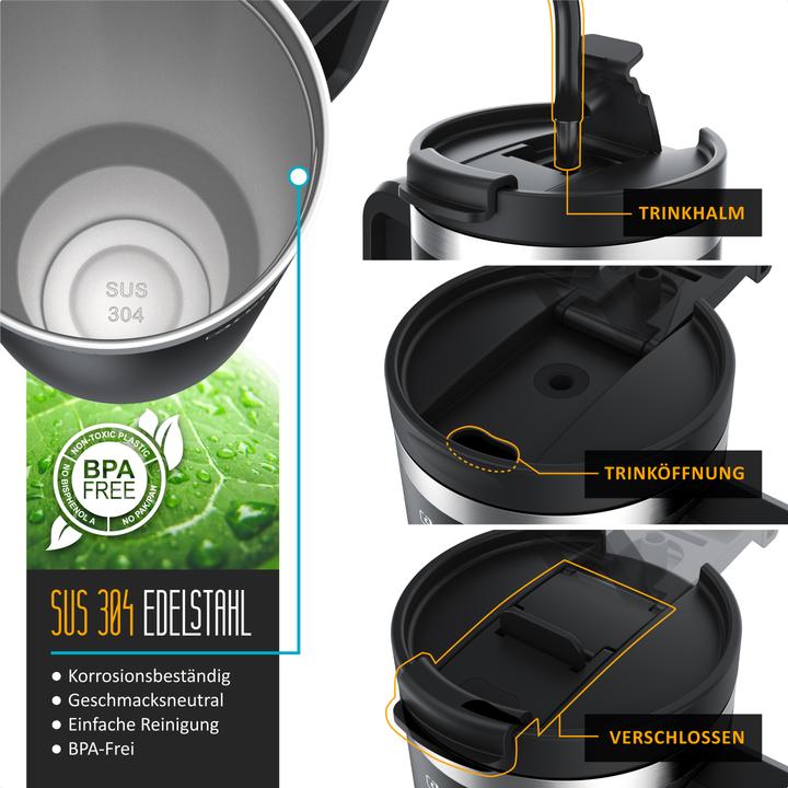 Produktbild Arendo Thermobecher 1200 ml, Thermal Mug, Becher mit Deckel, Henkel & Strohhalm, Tumbler, Edelstahl (1.20 l)