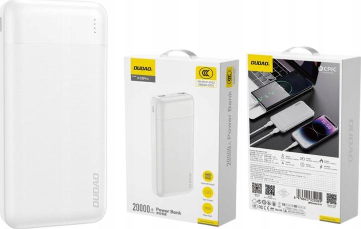 Produktbild Dudao Powerbank K18 Pro 20000mAh USB-A / USB-C / Micro USB - white (20000 mAh, 10 W)