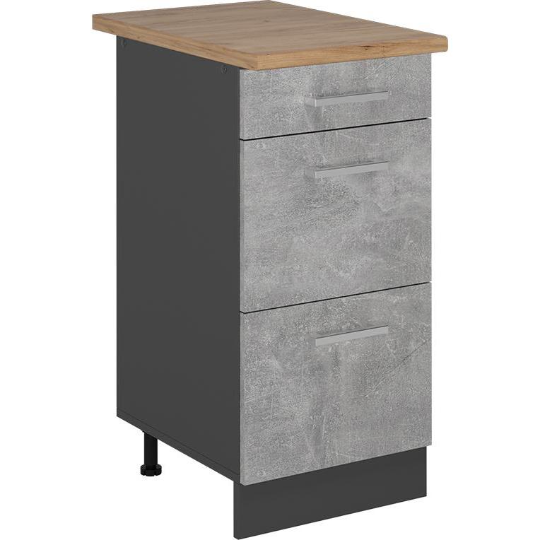 Vicco, Regal, Küchenunterschrank R-Line, Beton/Anthrazit, 40 cm mit Schubladen, AP Eiche