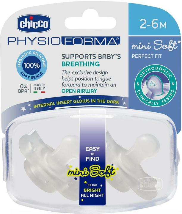 Actual product image Chicco Physiological soother PHYSIO FORMA SOFT silicone GLOWING mini 2-6m (2x, 2 - 6 Months)