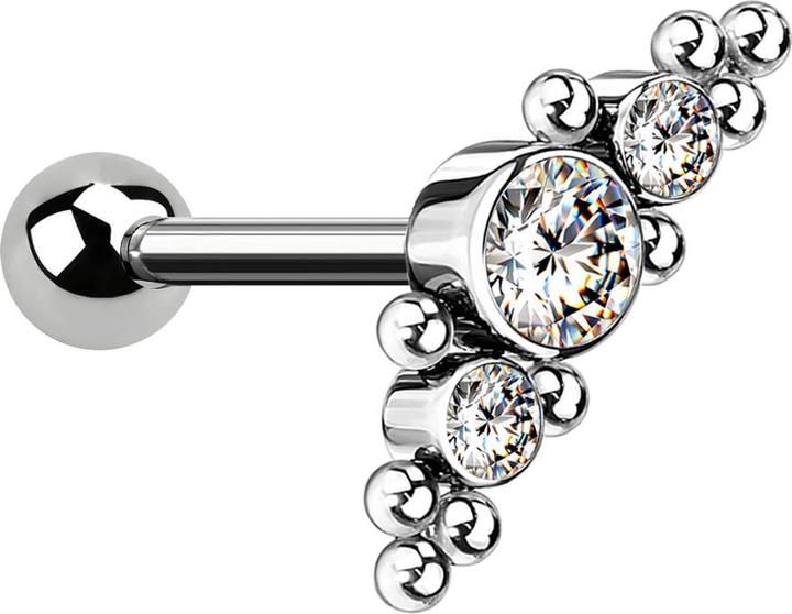 Actual product image Star Piercing Micro Threadless Barbell silber mit Kugel und mittig mit Kugeln und drei Kristallen silber (without brass, Titanium)