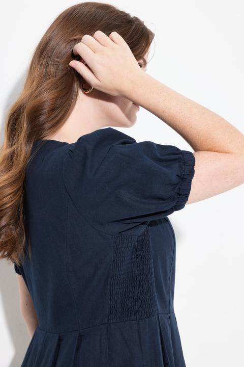 Image du produit Ulla Popken Robe maxi en lin mélangé, décolleté rond et manches courtes, empiècements smokés (50, 52)