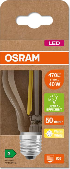 Productafbeelding Osram LED LAMPEN ENERGIEKLASSE A ULTRA-EFFICIËNTE GLOEIDRAAD CLASSIC A 40 CL 2,5 W/3000 K E27 FIL (E27, 2.50 W, 525 lm, 1 x, A)