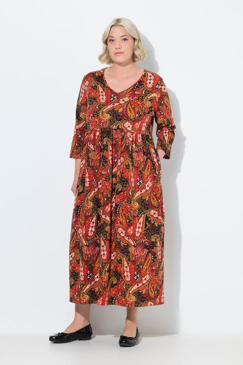 Image du produit Ulla Popken Robe maxi en jersey, motif cachemire, décolleté en V et manches 3/4, coupe évasée (68)