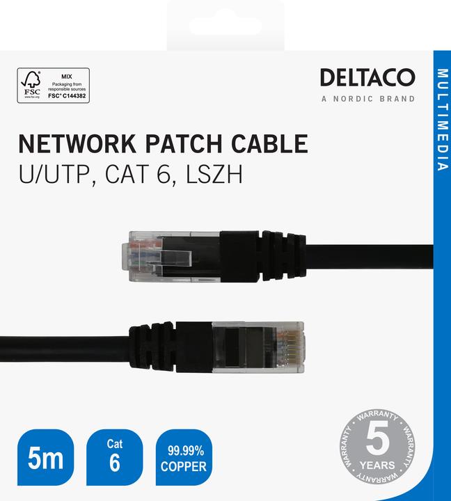 Immagine prodotto Deltaco Cavo patch U/UTP Cat6 LSZH 5m svart (U/UTP, CAT6, 5 m)