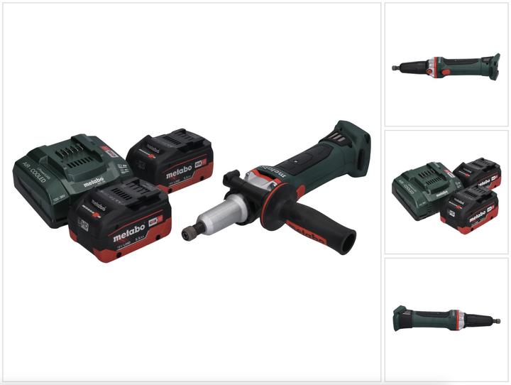 1x Metabo GA 18 LTX G Akku Geradschleifer, 1x Spannzange 6 mm, 1x Zusatzhandgriff, 1x Staubschutzfilter, 2x Metabo LiHD Akkupack 18 V 5,5 Ah Akku ( 625368000 ), 1x Metabo ASC 145 Ladegerät