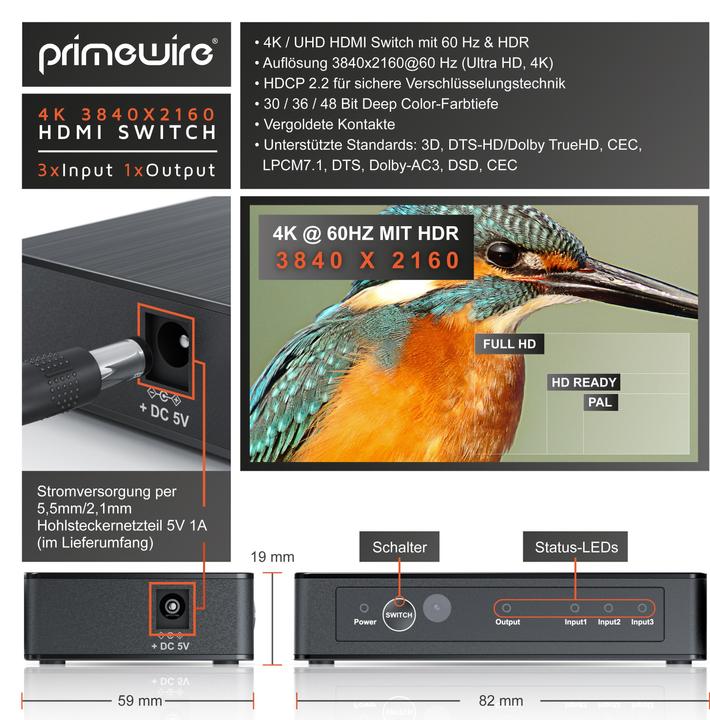 Produktbild Primewire HDMI 2.0b 3 Port Switch, Verteiler 4k 60Hz UHD, Ultra HD 4096x2160 HDR, Fernbedienung, Netzteil
