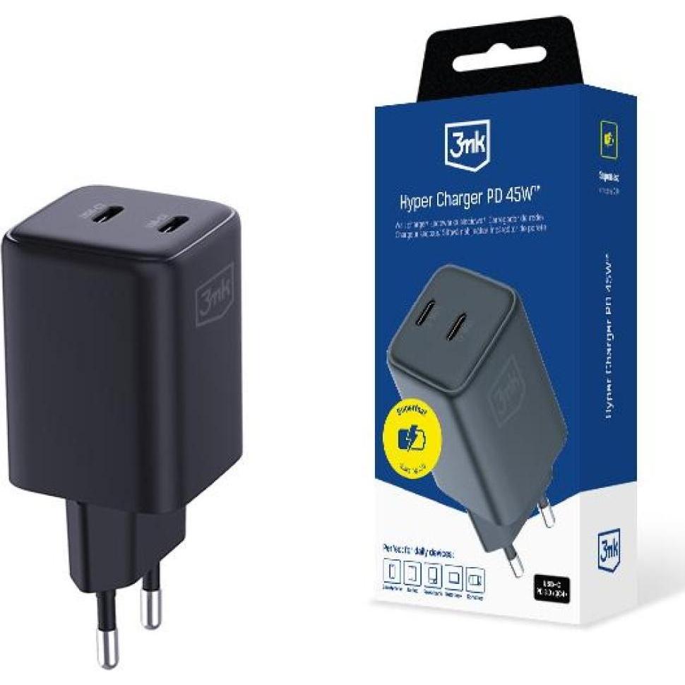 3MK Ładowarka sieciowa Hyper Charger PD 45W GaN QC4+ PPS 2C Super-Fast Charge 2.0 czarny (45 W), Caricatore USB, Nero