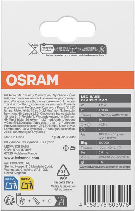 Image du produit Osram Base classic P (E14, 470 lm, 2x)