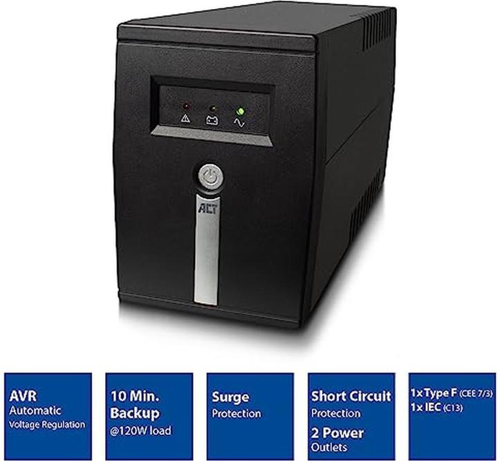 Produktbild ACT UPS, 600VA, 1x IEC (C13) + 1x Type F outlet, 1x IEC C14 input, 230V, AVR (600 VA, 360 W, Line-Interaktiv USV)