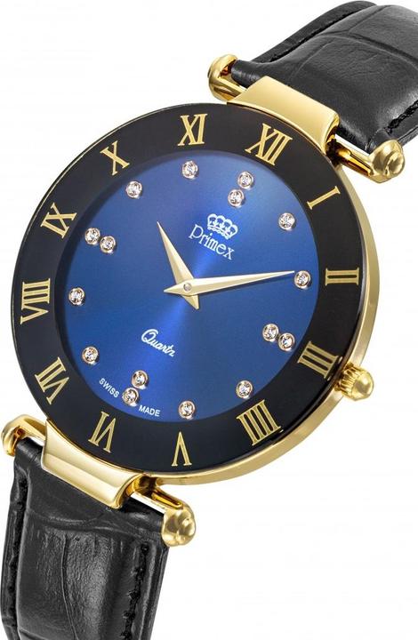 Image du produit Primex Montre Dame Swiss Made Bracelet Cuir Noir Cadran Bleu Etanche 30 M Grande (Montre analogique, 40 mm)