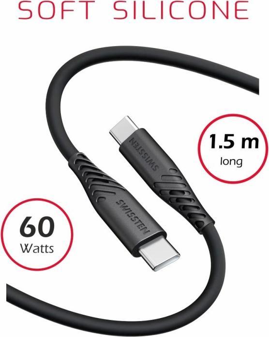 Produktbild Swissten Data Cable Soft Silicone Usb-C / Usb-C 1.5 M 60W Black (1.50 m, 60 W)