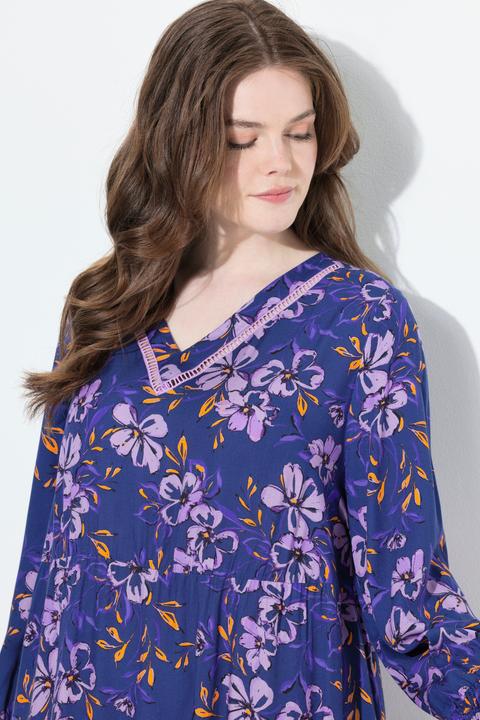 Produktbild Ulla Popken Midikleid, Blüten, A-Linie, V-Ausschnitt, Langarm (58)