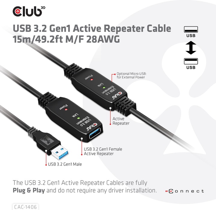 Actual product image Club 3D USB A – USB A (15 m, USB 3.2)