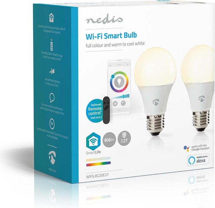Produktbild Nedis WIFILRC20E27 SmartLife Vollfärbige LED-Lampe WLAN E27 806 lm 9 W RGB + weiss veränderbar 2700 (E27, 806 lm, 2x)