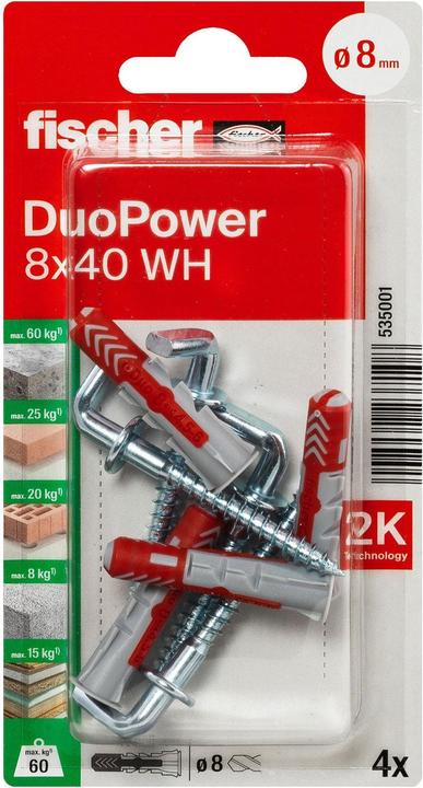 Image du produit Fischer SB Tampon en nylon Duopower avec crochet angulaire (4 pcs)