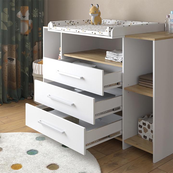 Produktbild Vicco Wickelkommode Oskar, Weiss/Goldkraft Eiche, 143.2 x 93 cm mit 3 Schubladen