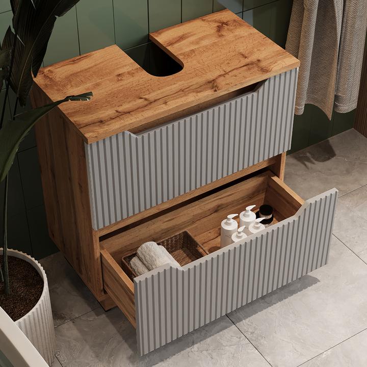 Actual product image Vicco Waschbeckenunterschrank Lotta, Eiche/grau gestreift, 59.8 x 62.5 cm mit 2 Schubladen (59.80 x 32 x 62.50 cm)