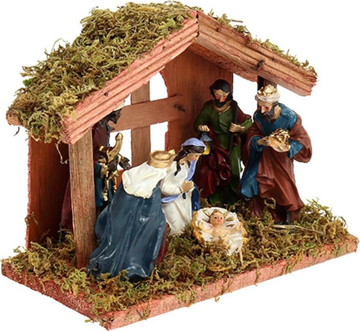 Produktbild Viana Weihnachtskrippe mit handbemalten Figuren und Moos-Basis Holz