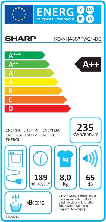 Label énergétique Sharp KD-NHA8S7PW21-DE (8 kg, Droite)