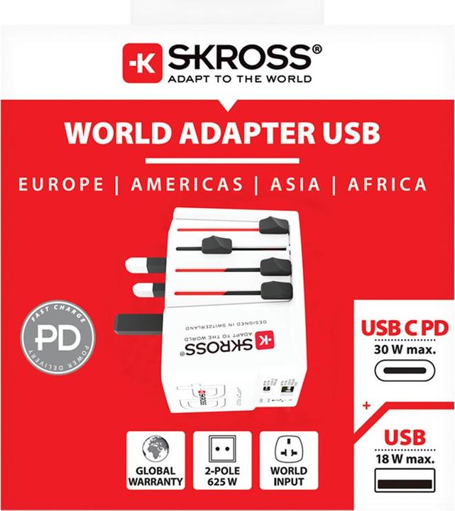 Actual product image Skross Universal Travel Adapter with USB-A/USB-C 30W PD