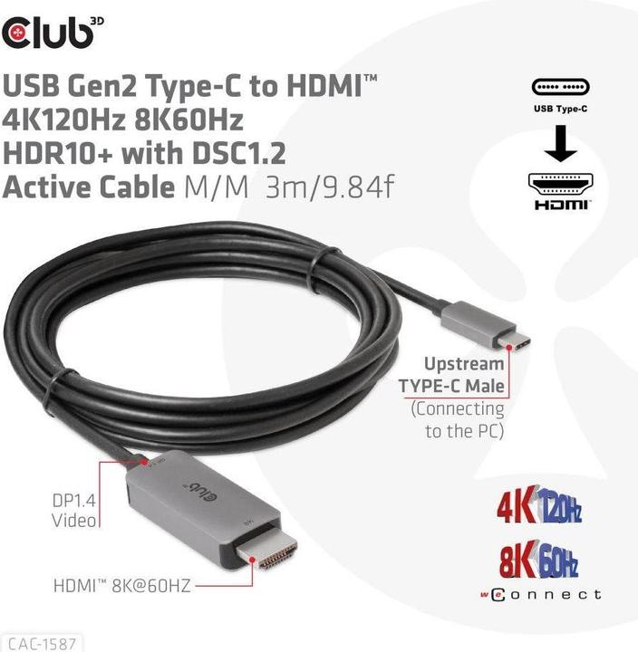 Productafbeelding Club 3D HDMI (type A) - USB C (3 m, USB Type C, HDMI, 2.1)