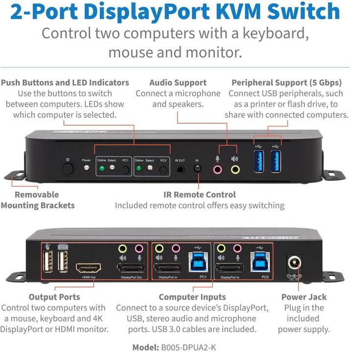 Produktbild Eaton 2-Port DisplayPort/USB KVM Switch 4K 60Hz HDR HDCP 2.2 IR DP 1.4 USB Sharing USB 3.0