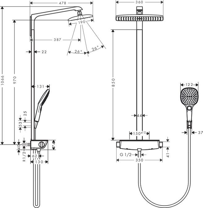 Produktbild hansgrohe Showerpipe RAINDANCE SELECT E 360 1jet DN 15, EcoSmart Version chrom