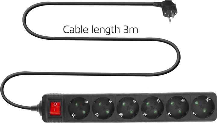 Actual product image ACT Power strip with illuminated switch, 6 sockets, 3 m, black (6x, CEE 7/4, 3 m)