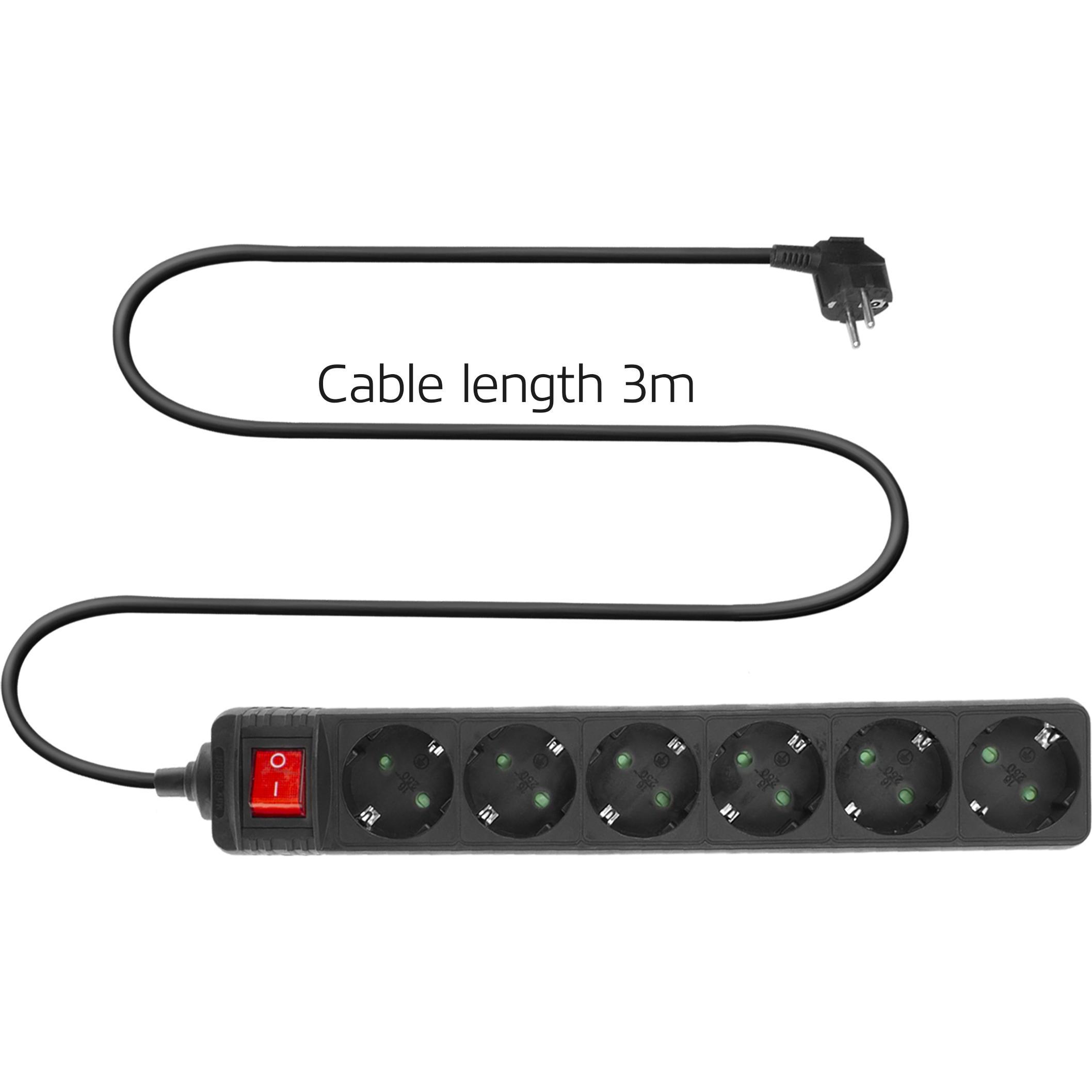 Thumbnail - ACT, Steckdosenleiste, Power strip with illuminated switch, 6 sockets, 3 m, black (6 x, CEE 7/3, 3 m)