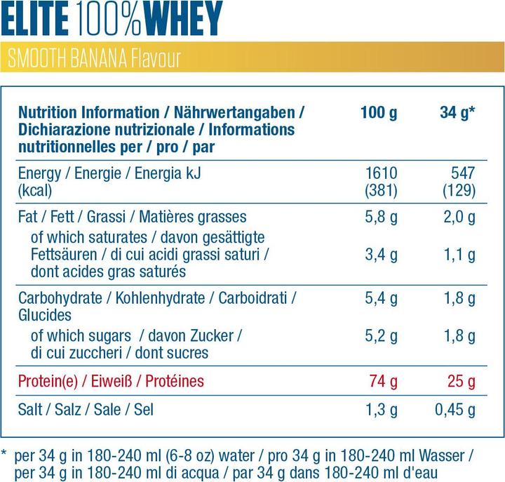 Nährwerte und Zutaten Dymatize Elite Whey (2100 g, 1x, Banane)