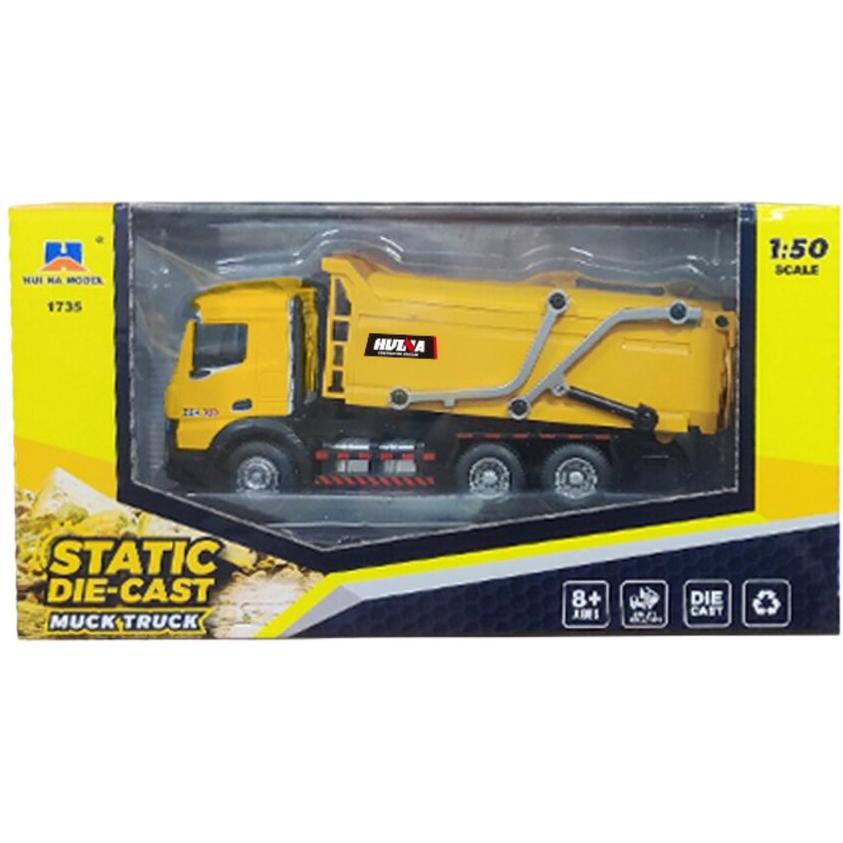 Huina Śmieciarka Ciężarówka Metalowa Ruchoma Żółta 1:50