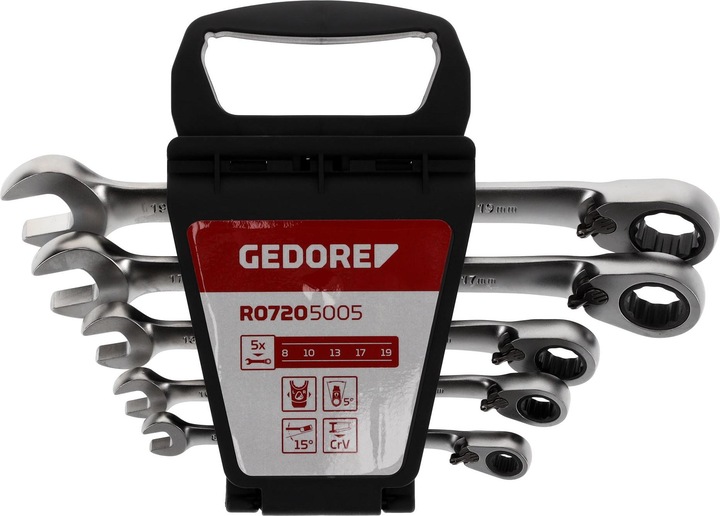 Productafbeelding Gedore Red Combinatie ratel steeksleutelset omkeerbaar. metrisch 5 stuks (19 mm, 8 mm, 15 mm, 7 mm, 10 mm)