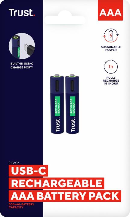 Produktbild Trust USB-C Rechargeable Batteries 2p (2 Stk., AAA, 500 mAh)